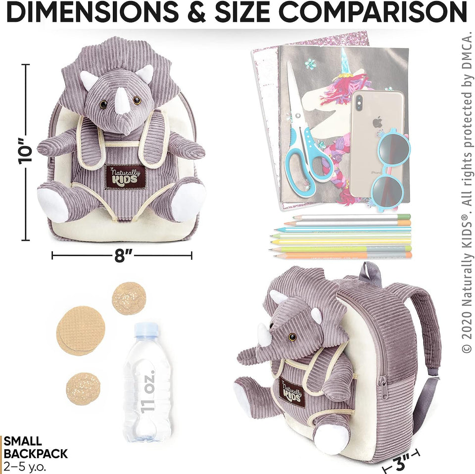 Small Dinosaur Backpack - Triceratops Dinosaur Toys for Kids 3-5 - Toddler Backpack for Boys & Girls - Grey Plush Stuffed Animal