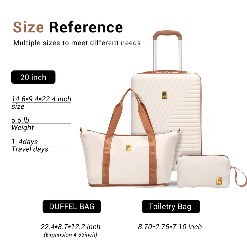 3 Piece Carry-On Luggage Sets, Hardside Suitcase Set with Spinner Wheels, Portable Travel Bag and Toiletry Bag, White