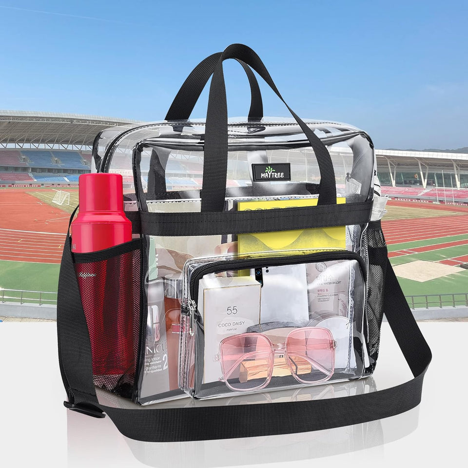 Clear Bag for Stadium Events 12×6×12 Clear Tote Lunch Bag with Reinforced Strap for Work, Concert and Sports, Black