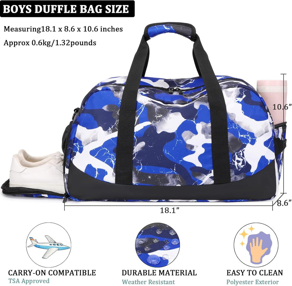 Kids Overnight Duffle Bag Boys Sports Gym Bag with Shoe Compartment & Wet Pocket, Carry on Sleepover Bag Athletic Bag