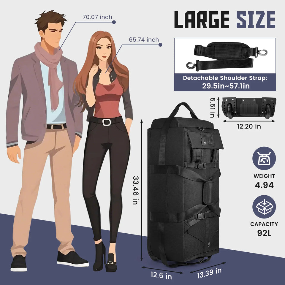 90L Foldable Rolling Duffel Bag with Wheels, Extra Large 34 Inch Travel Duffel Bag with Shoulder Strap for Travel Camping Sports, Waterproof Large Gym Bag, Travel Backpack for Men Women, Black