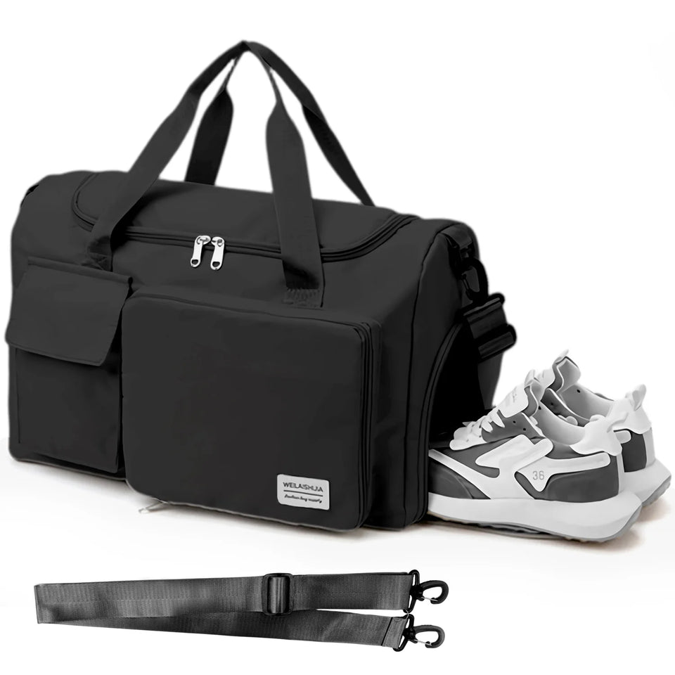Travel Duffel Bag with Shoes Compartment Sports Gym Bag for Men and Women, Overnight Bag Weekender Bag Training Handbag Yoga Bag - Black