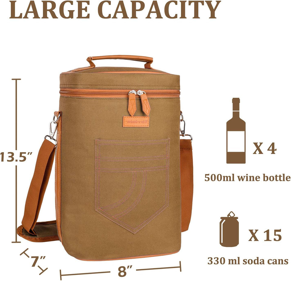 4 Bottle Wine Gift Carrier - Insulated & Padded Portable Wine Carrying Cooler Tote Bag for Travel, BYOB Restaurant, Wine Tasting, Party, Gift for Wine Lovers,Khaki
