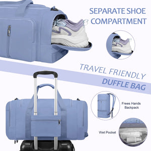 Gym Duffle Bag Backpack Waterproof Sports Duffel Bags Travel Weekender Bag for Men Women Overnight Bag with Shoes Compartment Blue