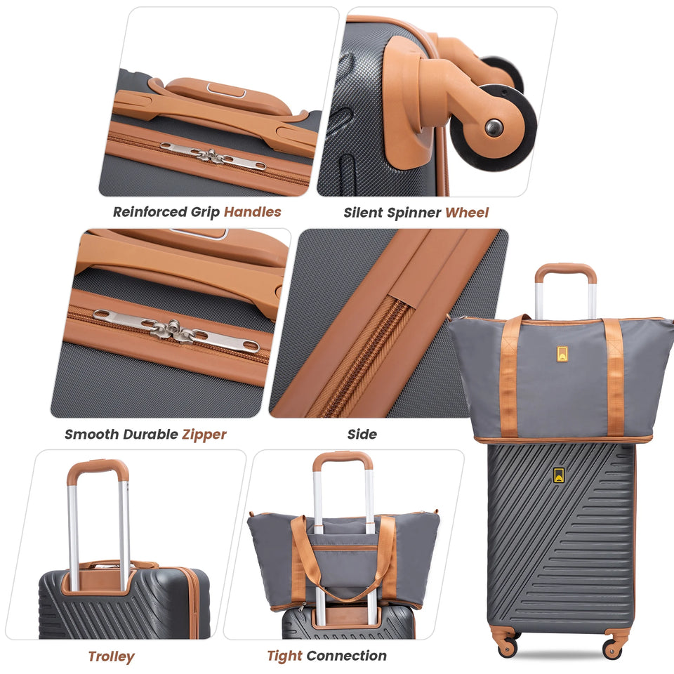 3 Piece Carry-On Luggage Sets, Hardside Suitcase Set with Spinner Wheels, Portable Travel Bag and Toiletry Bag, Gray