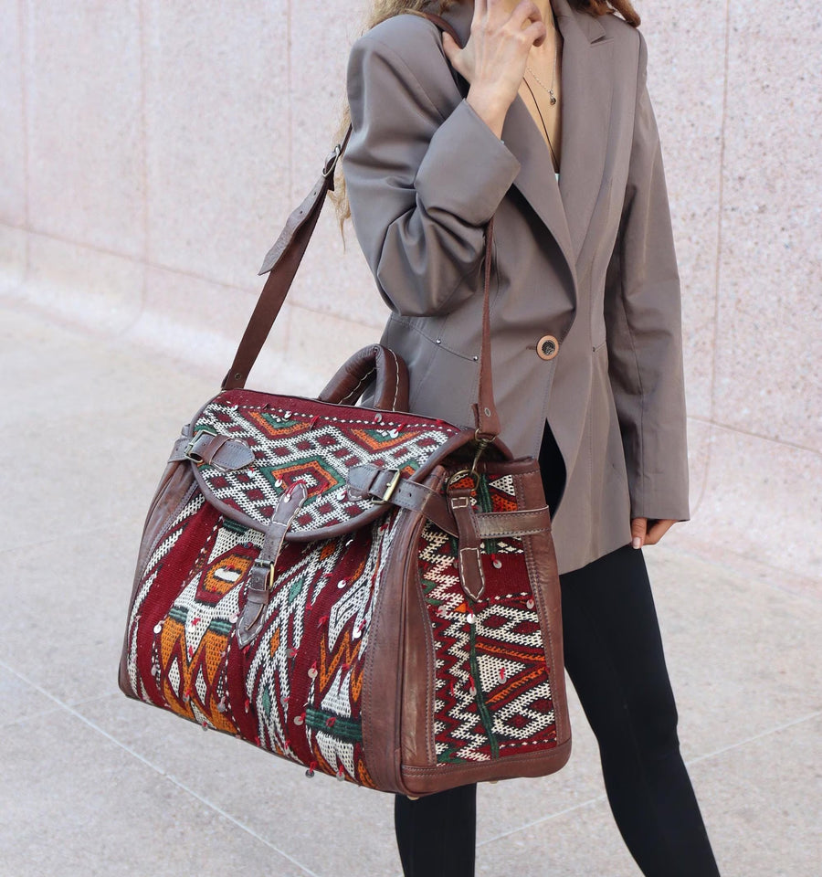 Kilim Duffle Bag, Leather Duffle Bag, Duffle Weekender Bag, Kilim Bag Clearance, Handmade Rug Bag, Duffle Boho Chic Bag, Weekender Bag Kilim