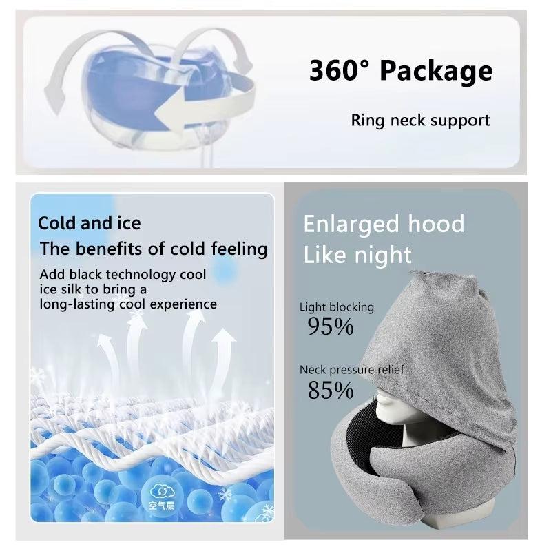 1 PCS Hooded Travel Neck Pillow Memory Foam for Airplane Car Office Sleeping Long Flight Road Trip Essentials Light Gray