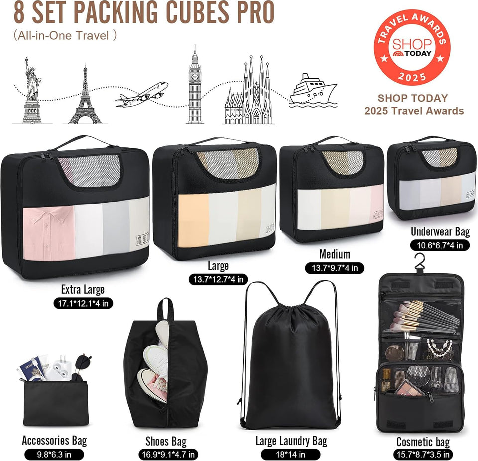 10 Set/8 Set Packing Cubes for Travel Essentials, Suitcase Organizer Bags in 4 Sizes, Carry-On Luggage Accessories with Large Laundry & Toiletry Bag, Must-Have for Airplane, Road Trip & Camping