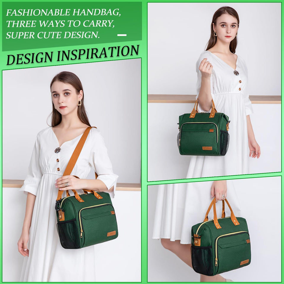 Insulated Lunch Bag Adult Lunch Box for Women for Work Leakproof Soft Cooler for Beach Travel Picnic, Dark Green