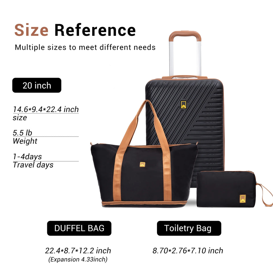 3 Piece Carry-On Luggage Sets, Hardside Suitcase Set with Spinner Wheels, Portable Travel Bag and Toiletry Bag, Black