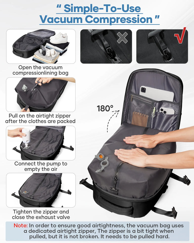 Vacuum Backpack for Travel, Vacuum Seal Carry on Backpack with Vacuum Compression, Vacuum Travel Backpack with Pump for Women Men Airline Approved Air Backpack Vacpack for Work College Daypack Black