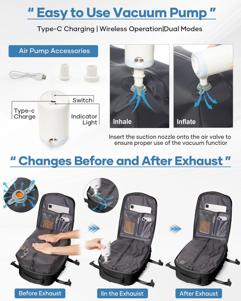 Vacuum Backpack for Travel, Vacuum Seal Carry on Backpack with Vacuum Compression, Vacuum Travel Backpack with Pump for Women Men Airline Approved Air Backpack Vacpack for Work College Daypack Black