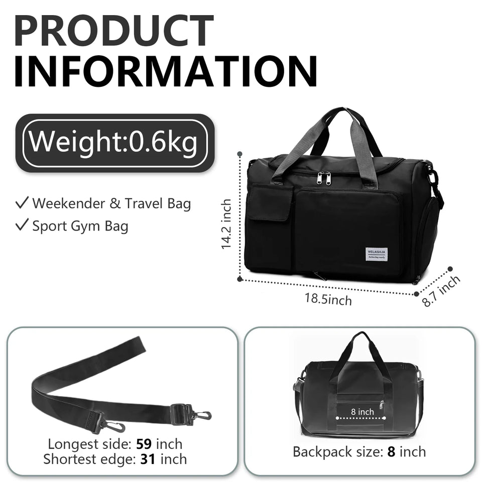 Travel Duffel Bag with Shoes Compartment Sports Gym Bag for Men and Women, Overnight Bag Weekender Bag Training Handbag Yoga Bag - Black