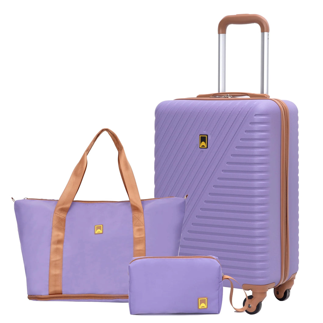 3 Piece Carry-On Luggage Sets, Hardside Suitcase Set with Spinner Wheels, Portable Travel Bag and Toiletry Bag, Light Purple