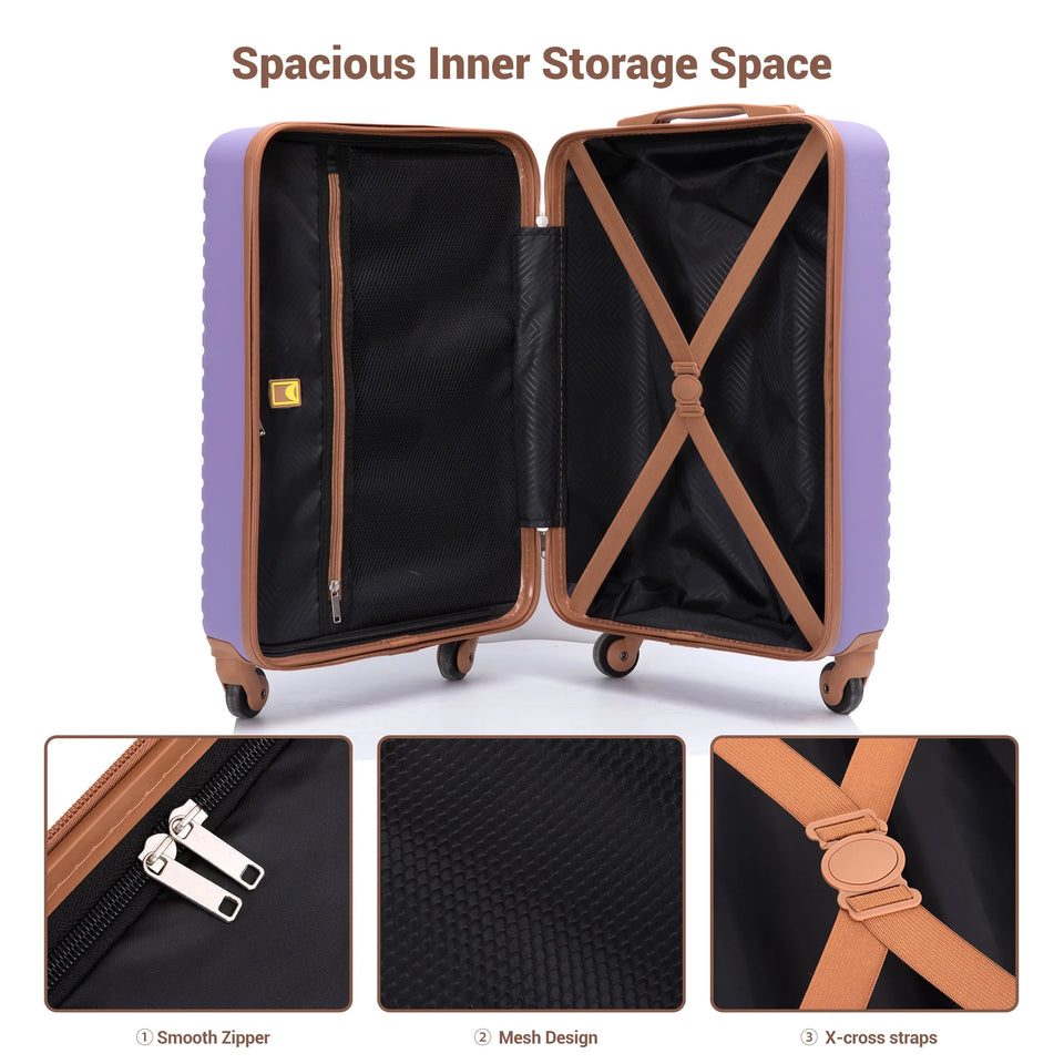 3 Piece Carry-On Luggage Sets, Hardside Suitcase Set with Spinner Wheels, Portable Travel Bag and Toiletry Bag, Light Purple