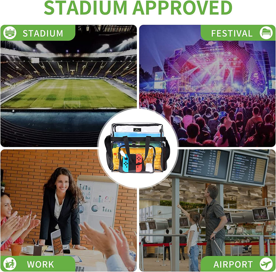 Clear Bag for Stadium Events 12×6×12 Clear Tote Lunch Bag with Reinforced Strap for Work, Concert and Sports, Black