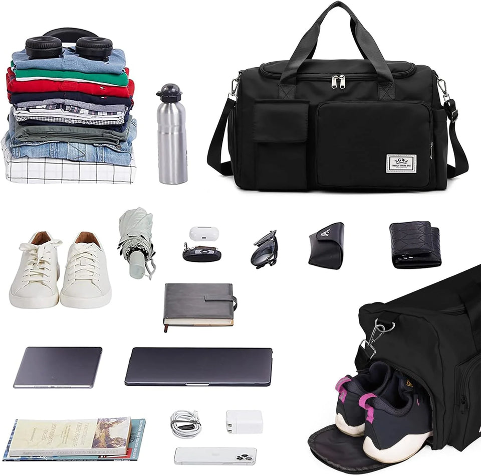Travel Duffel Bag with Shoes Compartment Sports Gym Bag for Men and Women, Overnight Bag Weekender Bag Training Handbag Yoga Bag - Black