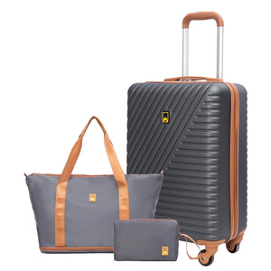 3 Piece Carry-On Luggage Sets, Hardside Suitcase Set with Spinner Wheels, Portable Travel Bag and Toiletry Bag, Gray