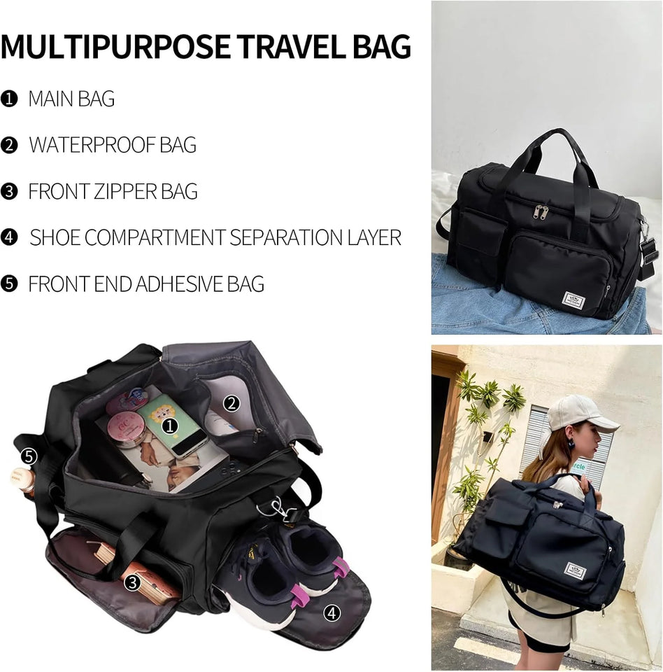 Travel Duffel Bag with Shoes Compartment Sports Gym Bag for Men and Women, Overnight Bag Weekender Bag Training Handbag Yoga Bag - Black