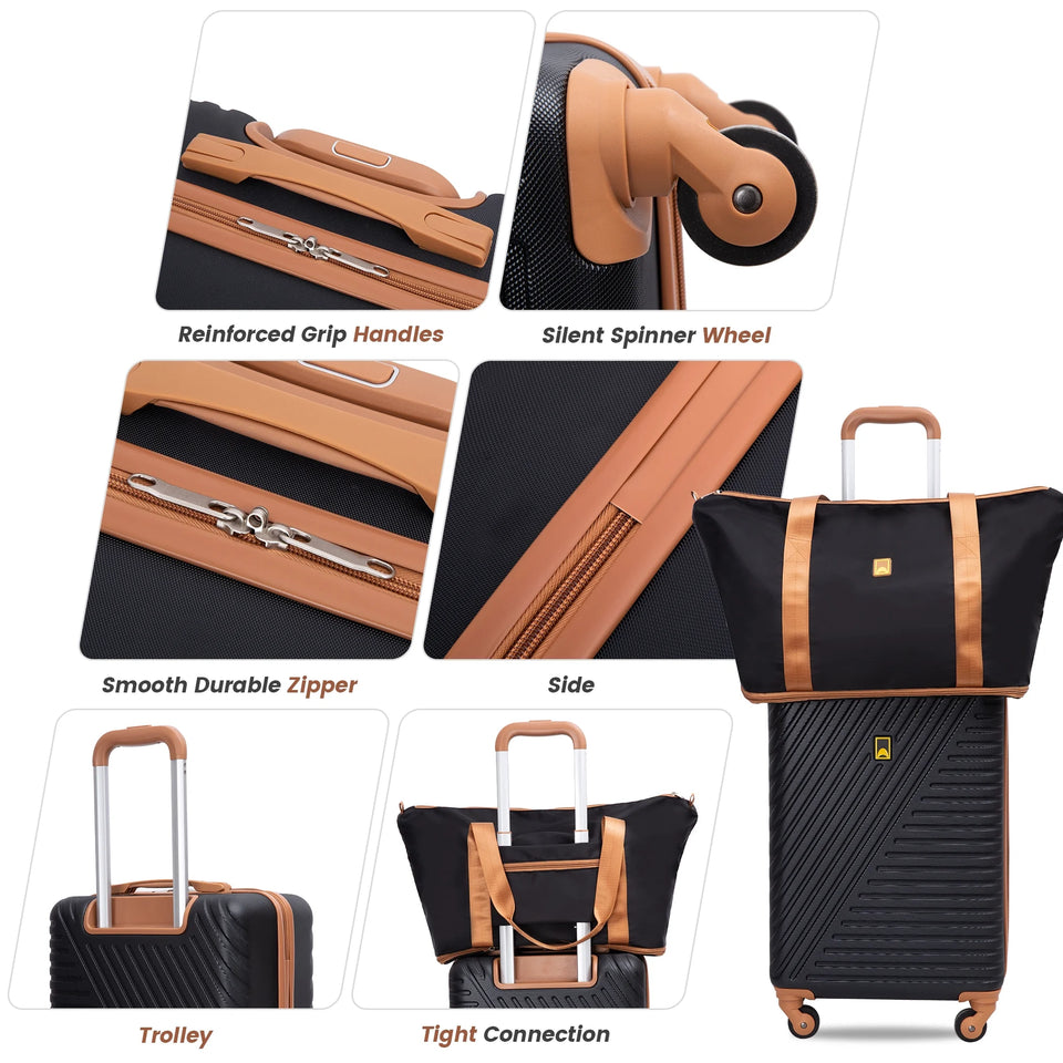 3 Piece Carry-On Luggage Sets, Hardside Suitcase Set with Spinner Wheels, Portable Travel Bag and Toiletry Bag, Black