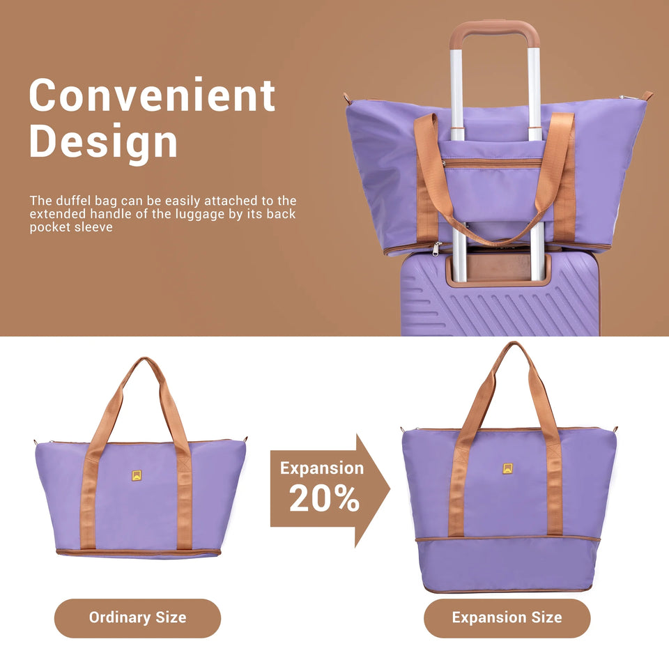 3 Piece Carry-On Luggage Sets, Hardside Suitcase Set with Spinner Wheels, Portable Travel Bag and Toiletry Bag, Light Purple