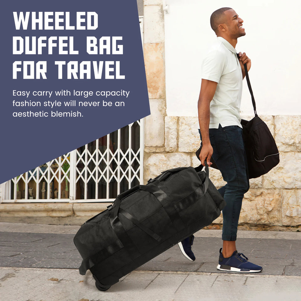 90L Foldable Rolling Duffel Bag with Wheels, Extra Large 34 Inch Travel Duffel Bag with Shoulder Strap for Travel Camping Sports, Waterproof Large Gym Bag, Travel Backpack for Men Women, Black